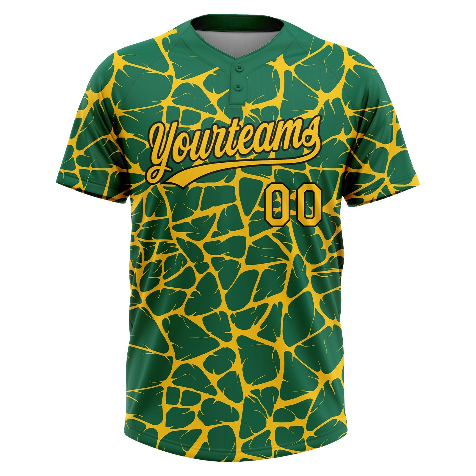 Custom Kelly Green Yellow-Black Abstract Network Crackle Two-Button Unisex Softball Jersey