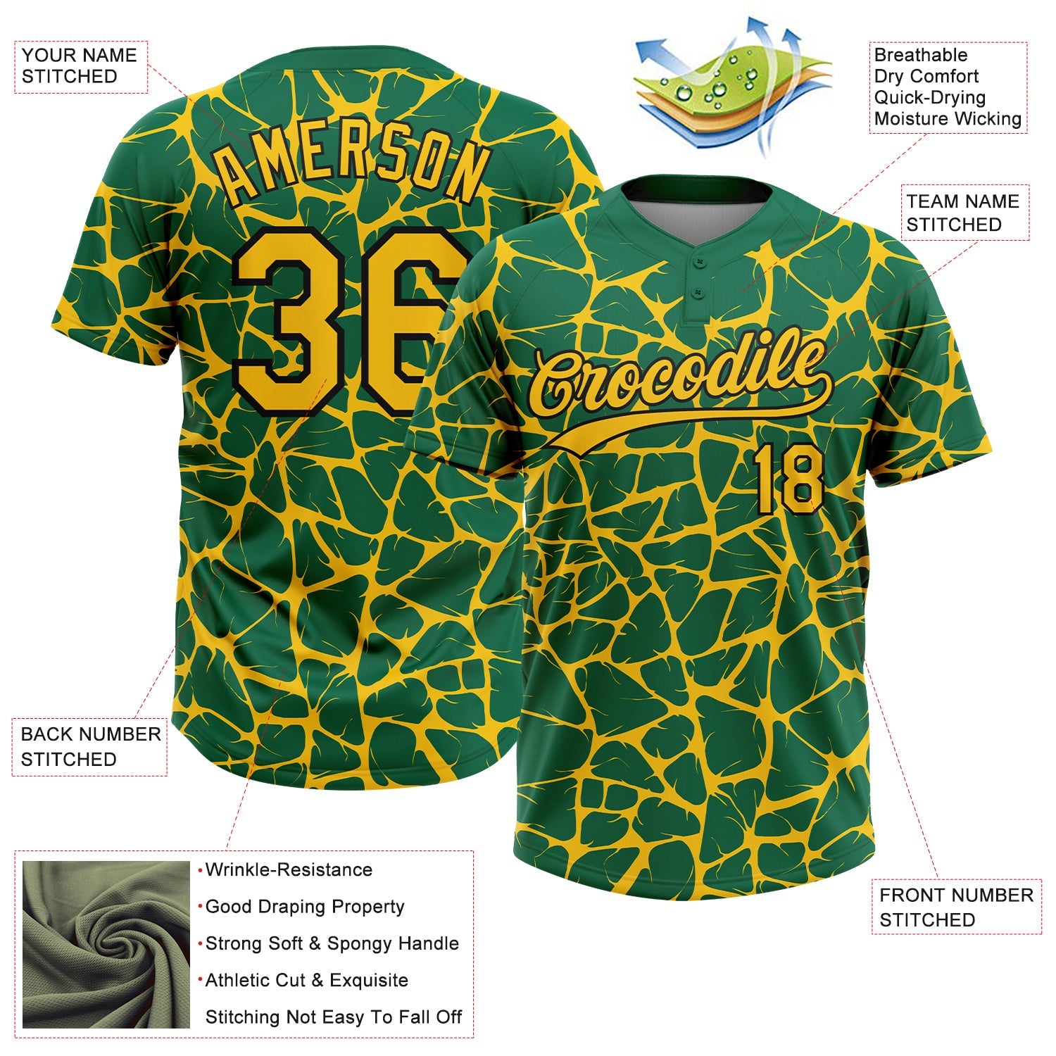 Custom Kelly Green Yellow-Black Abstract Network Crackle Two-Button Unisex Softball Jersey