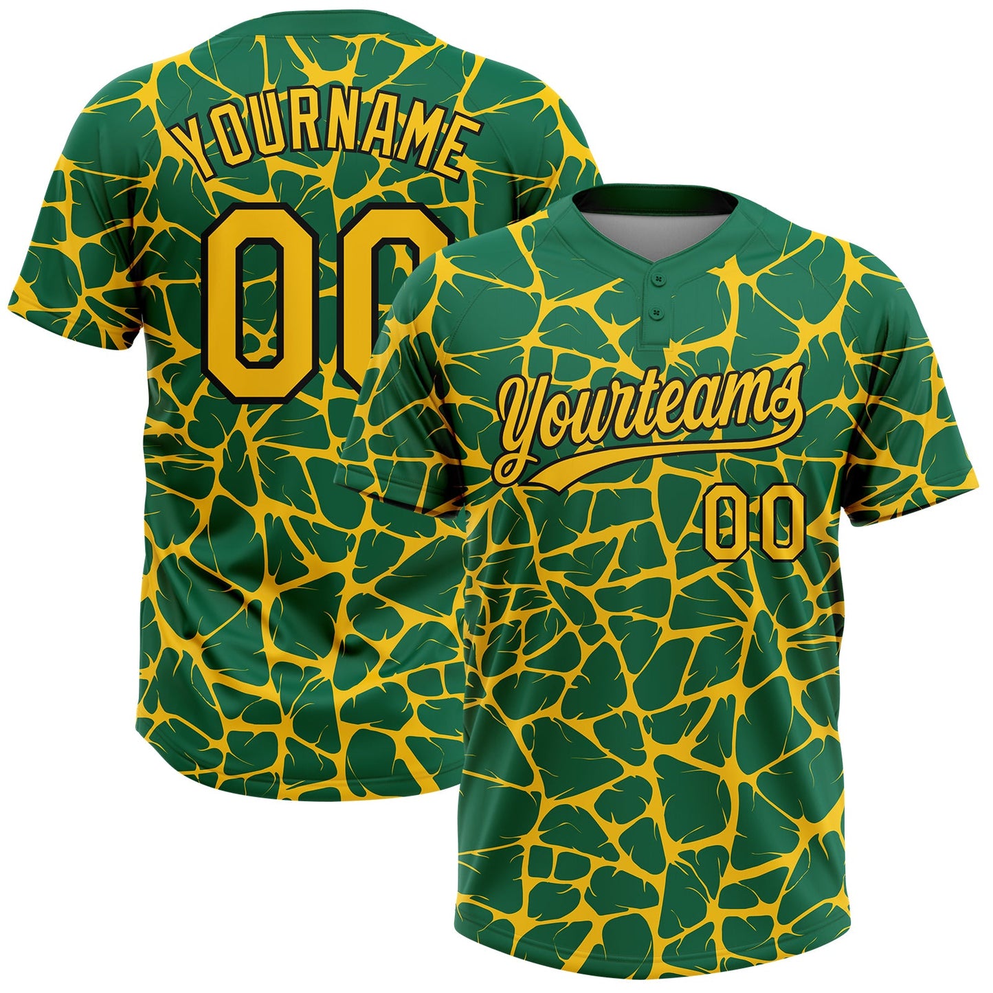 Custom Kelly Green Yellow-Black Abstract Network Crackle Two-Button Unisex Softball Jersey
