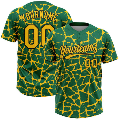 Custom Kelly Green Yellow-Black Abstract Network Crackle Two-Button Unisex Softball Jersey