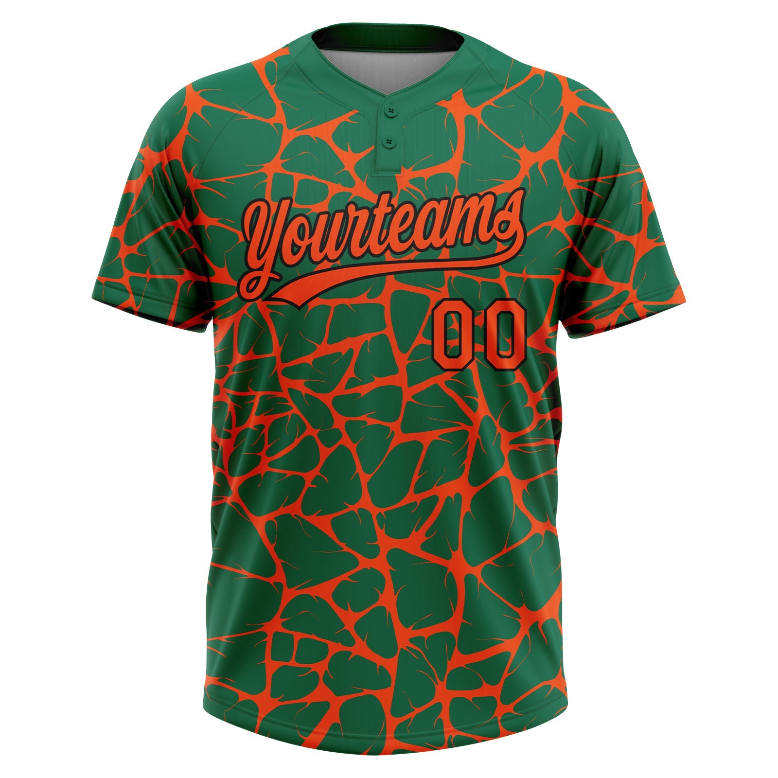 Custom Kelly Green Orange-Black Abstract Network Crackle Two-Button Unisex Softball Jersey