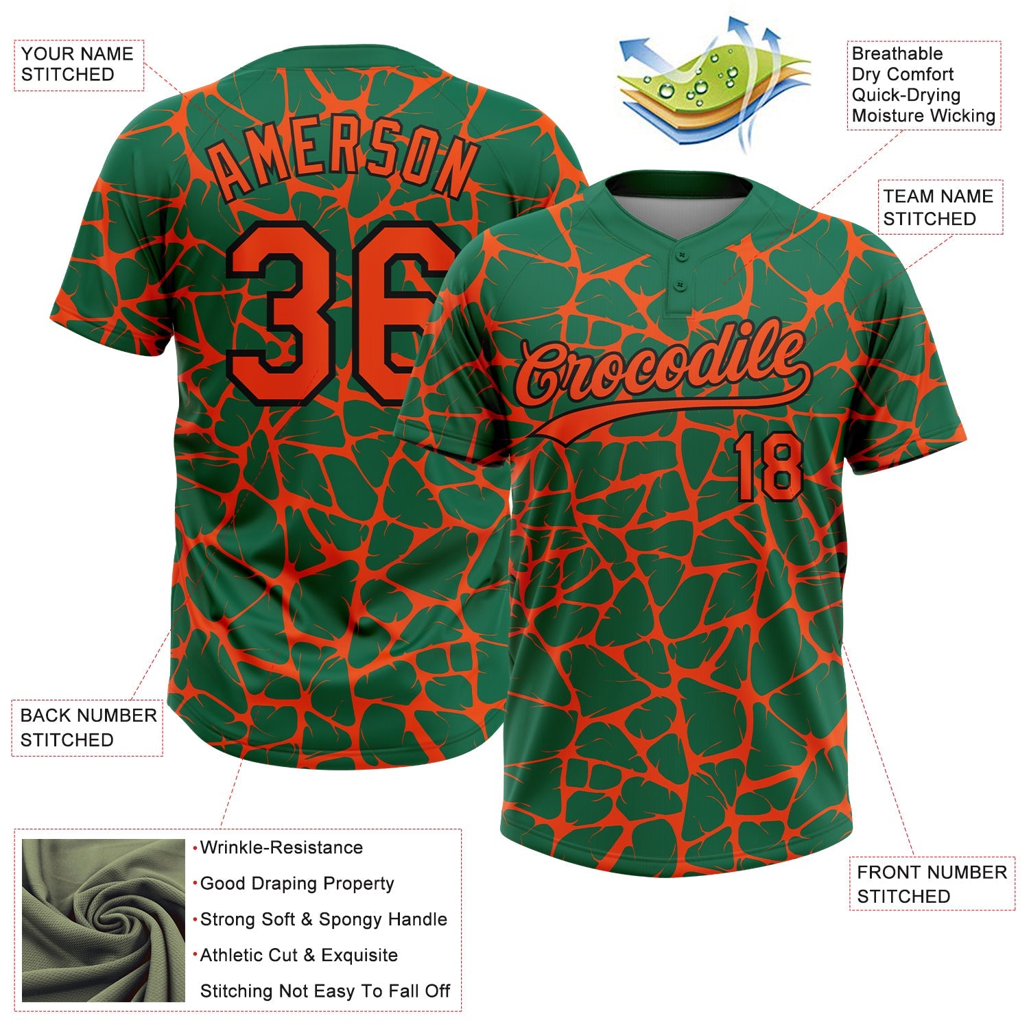 Custom Kelly Green Orange-Black Abstract Network Crackle Two-Button Unisex Softball Jersey