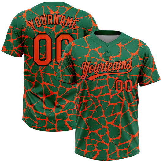 Custom Kelly Green Orange-Black Abstract Network Crackle Two-Button Unisex Softball Jersey