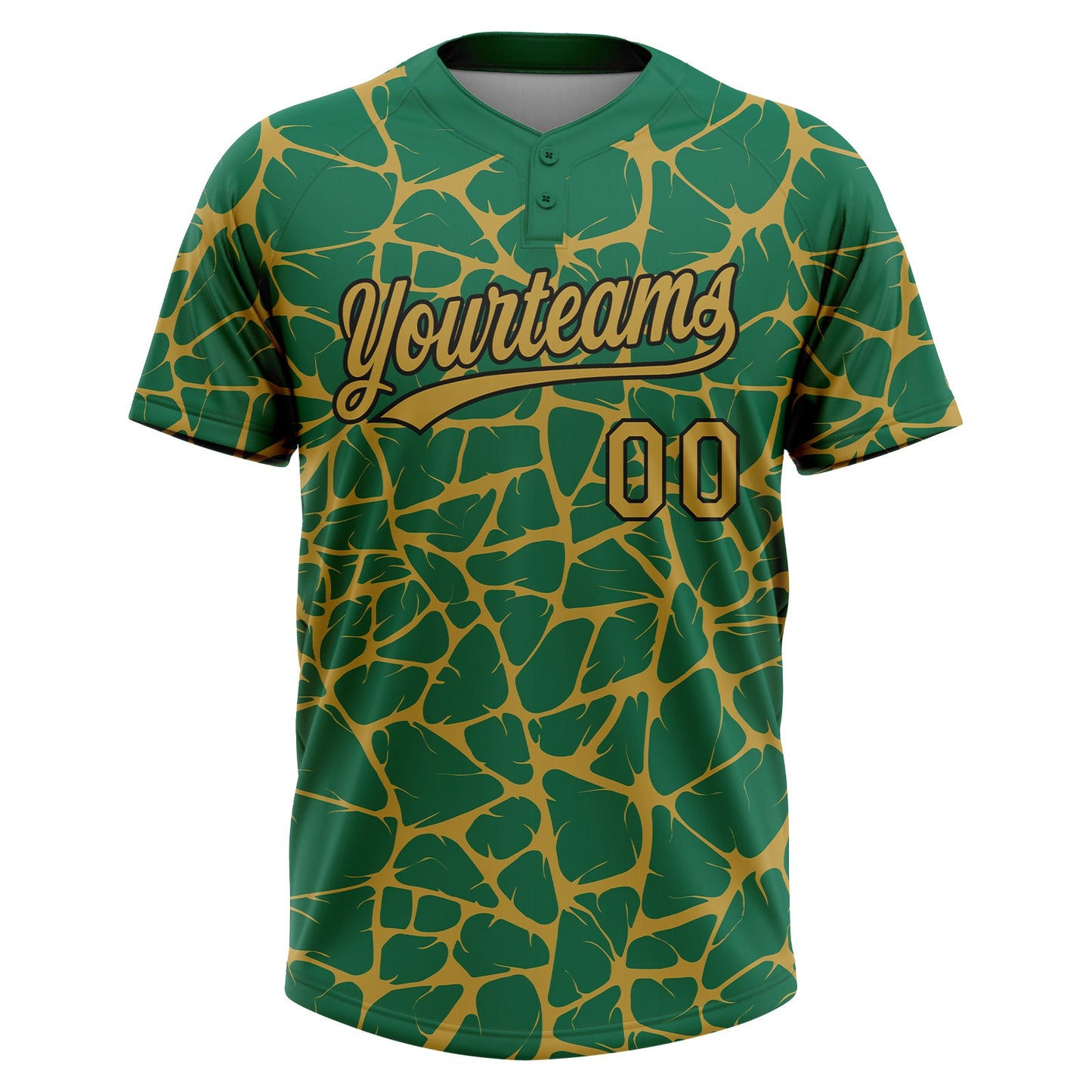 Custom Kelly Green Old Gold-Black Abstract Network Crackle Two-Button Unisex Softball Jersey
