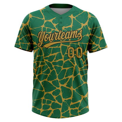 Custom Kelly Green Old Gold-Black Abstract Network Crackle Two-Button Unisex Softball Jersey