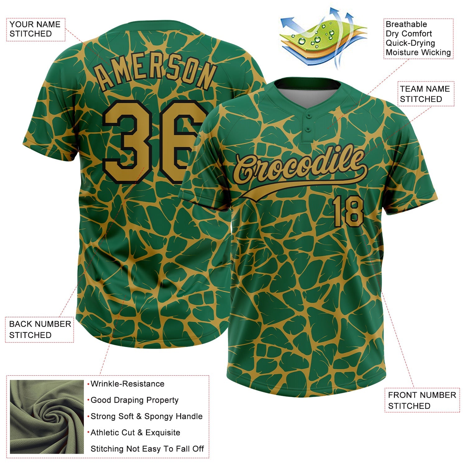 Custom Kelly Green Old Gold-Black Abstract Network Crackle Two-Button Unisex Softball Jersey