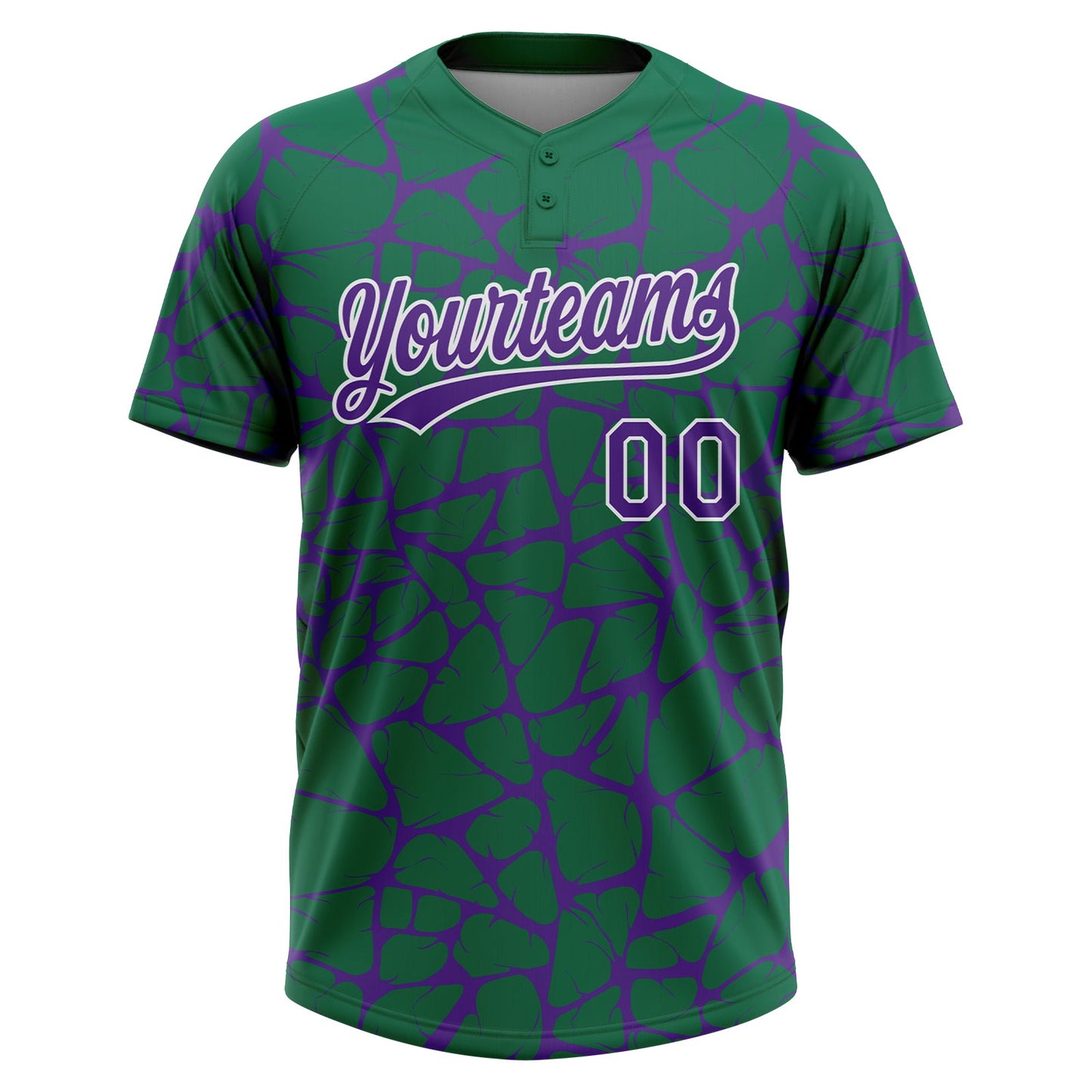 Custom Kelly Green Purple-White Abstract Network Crackle Two-Button Unisex Softball Jersey
