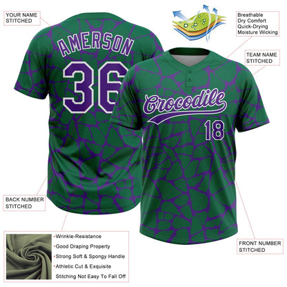 Custom Kelly Green Purple-White Abstract Network Crackle Two-Button Unisex Softball Jersey