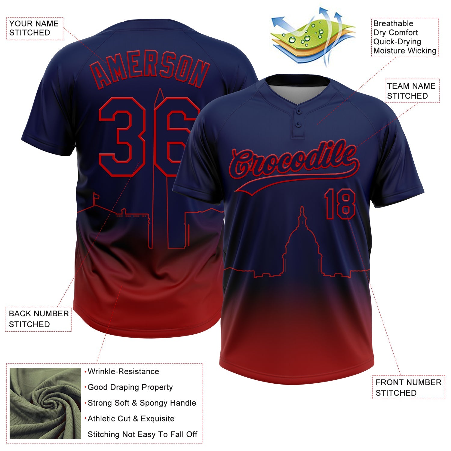 Custom Navy Red Washington City Edition Gradient Two-Button Unisex Softball Jersey