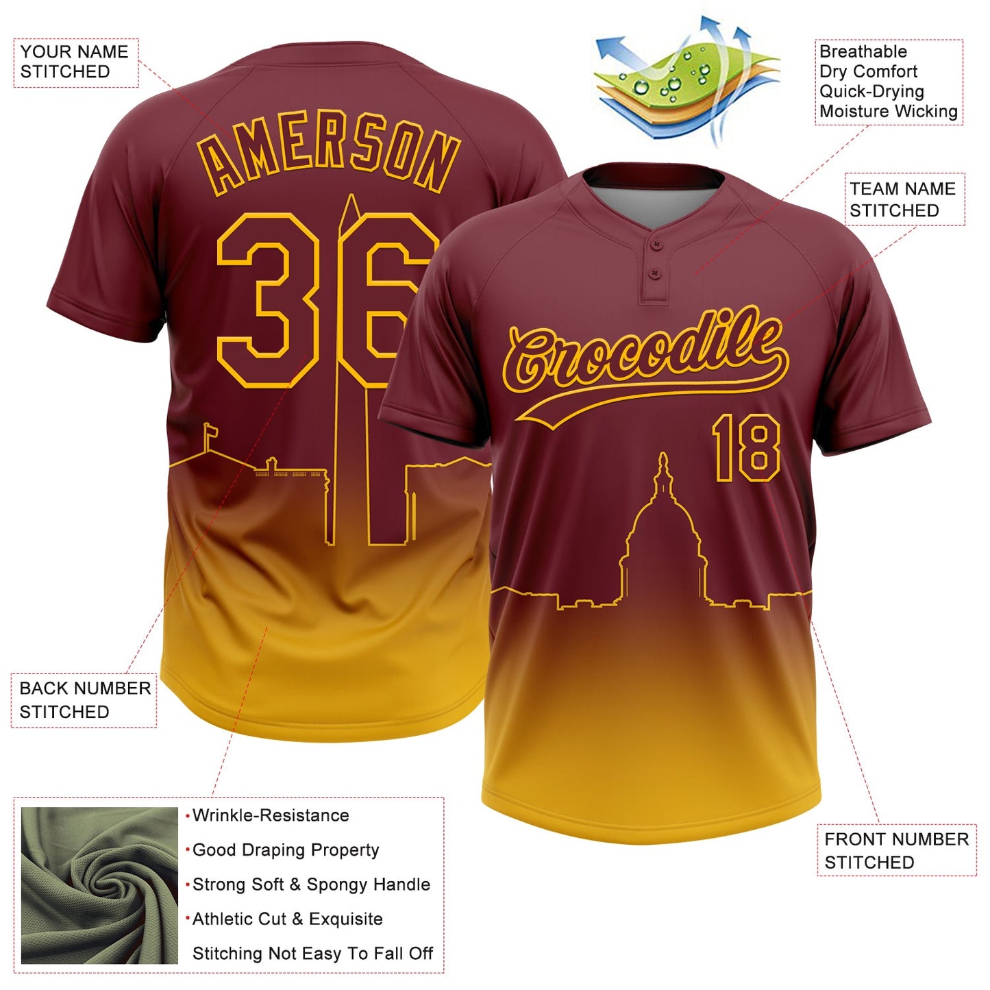 Custom Burgundy Yellow Washington City Edition Gradient Two-Button Unisex Softball Jersey