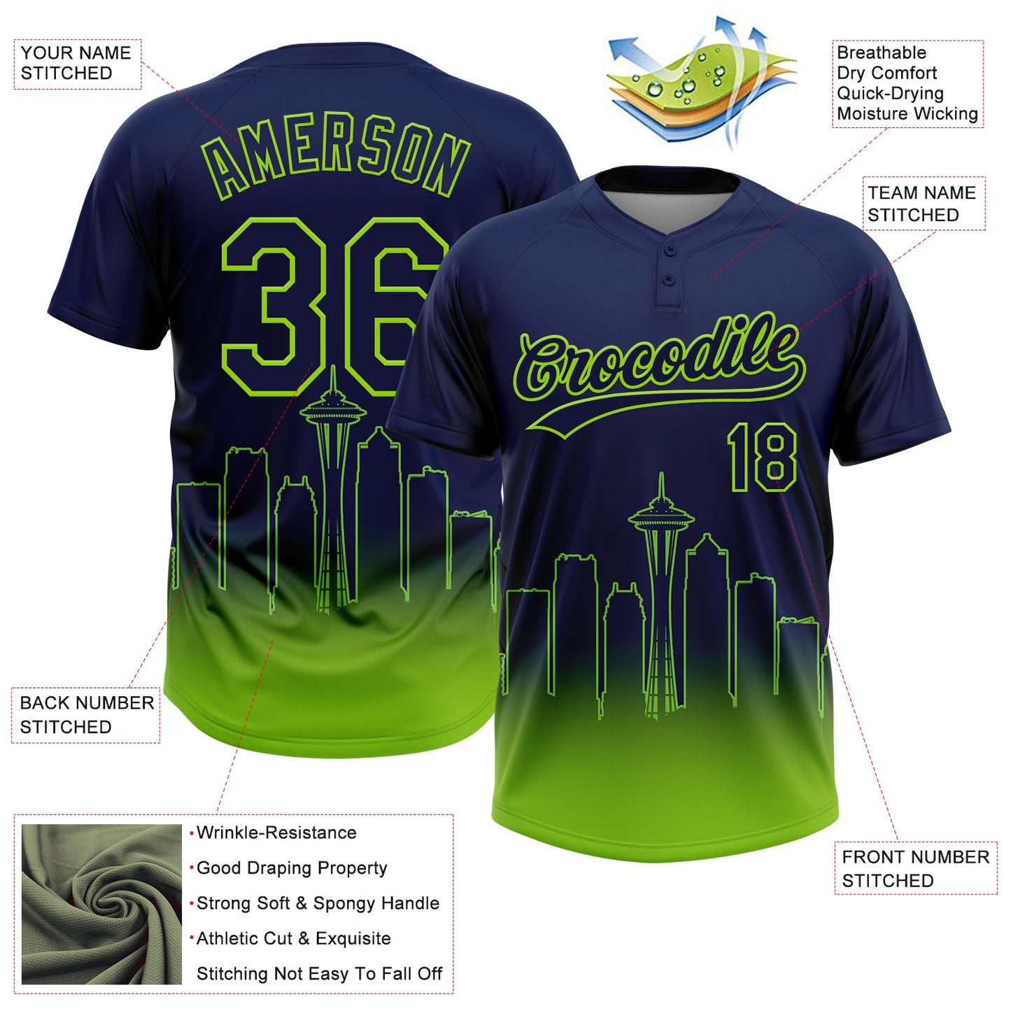 Custom Navy Neon Green Seattle City Edition Gradient Two-Button Unisex Softball Jersey
