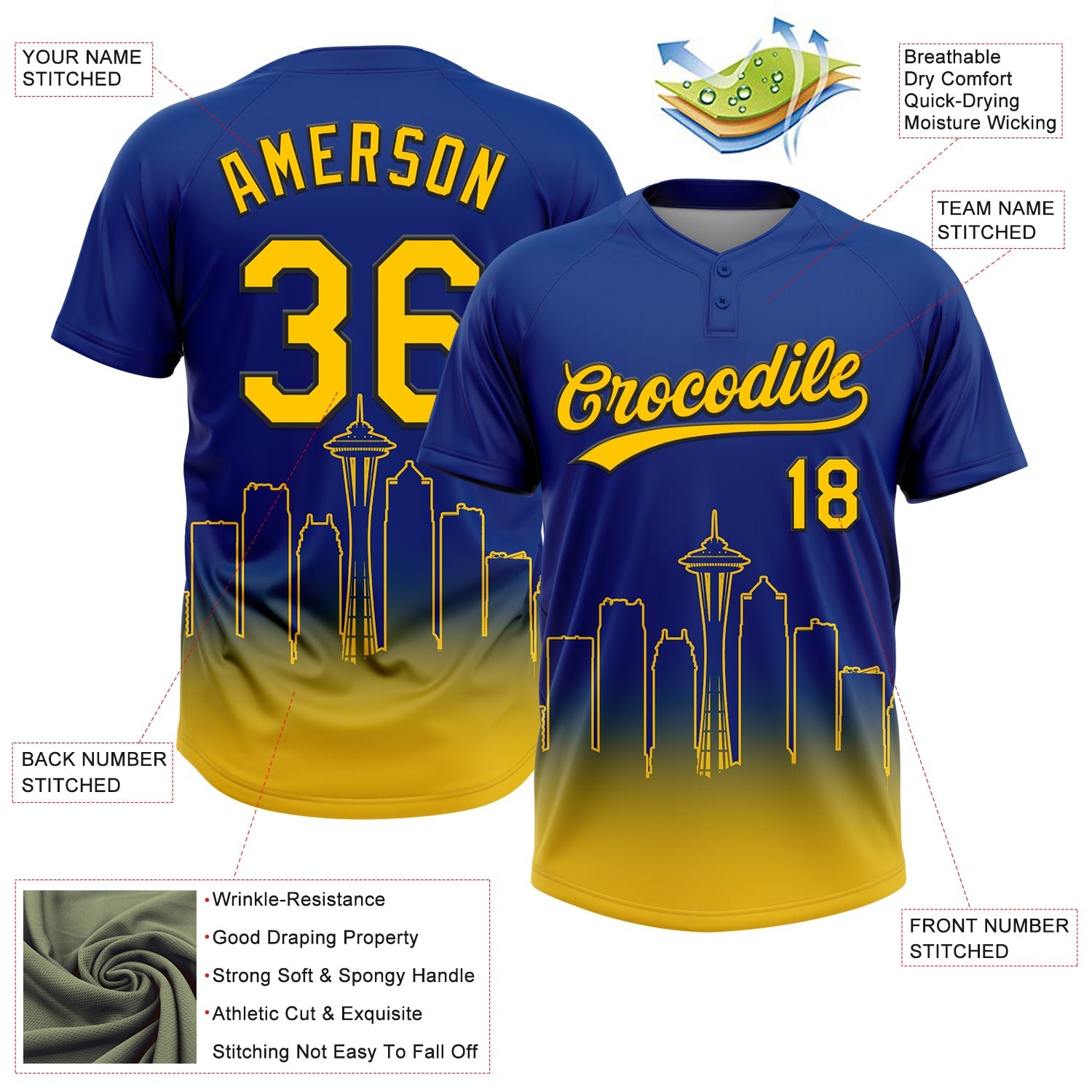 Custom Royal Yellow-Black Seattle City Edition Gradient Two-Button Unisex Softball Jersey
