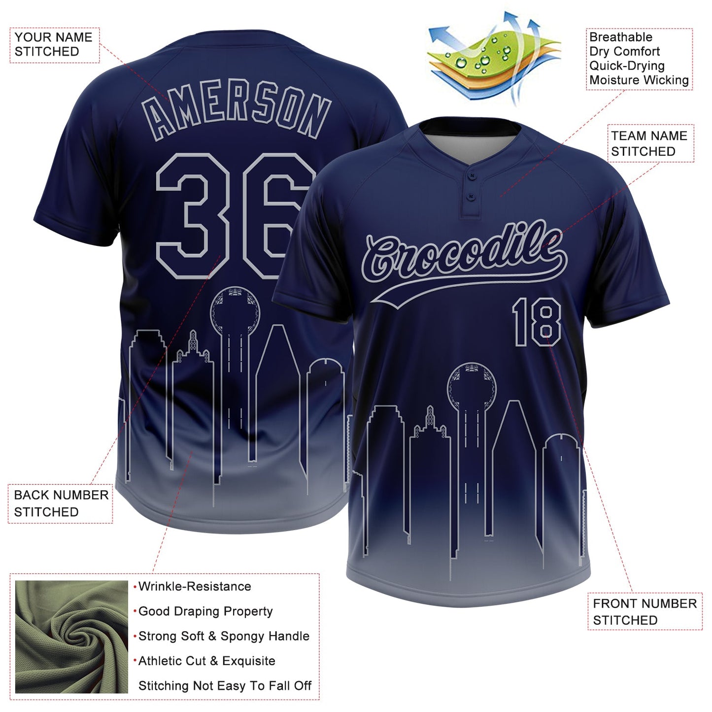 Custom Navy Gray Dallas City Edition Gradient Two-Button Unisex Softball Jersey
