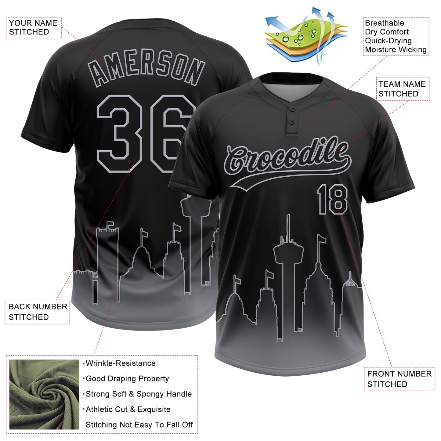 Custom Black Gray San Antonio City Edition Gradient Two-Button Unisex Softball Jersey