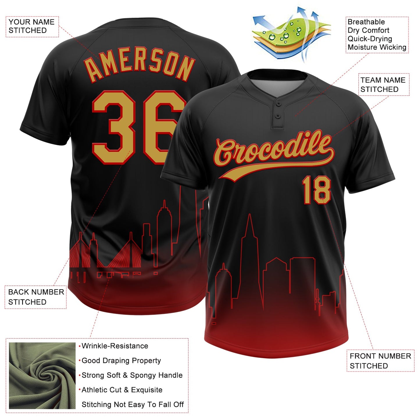 Custom Black Old Gold-Red San Francisco City Edition Gradient Two-Button Unisex Softball Jersey