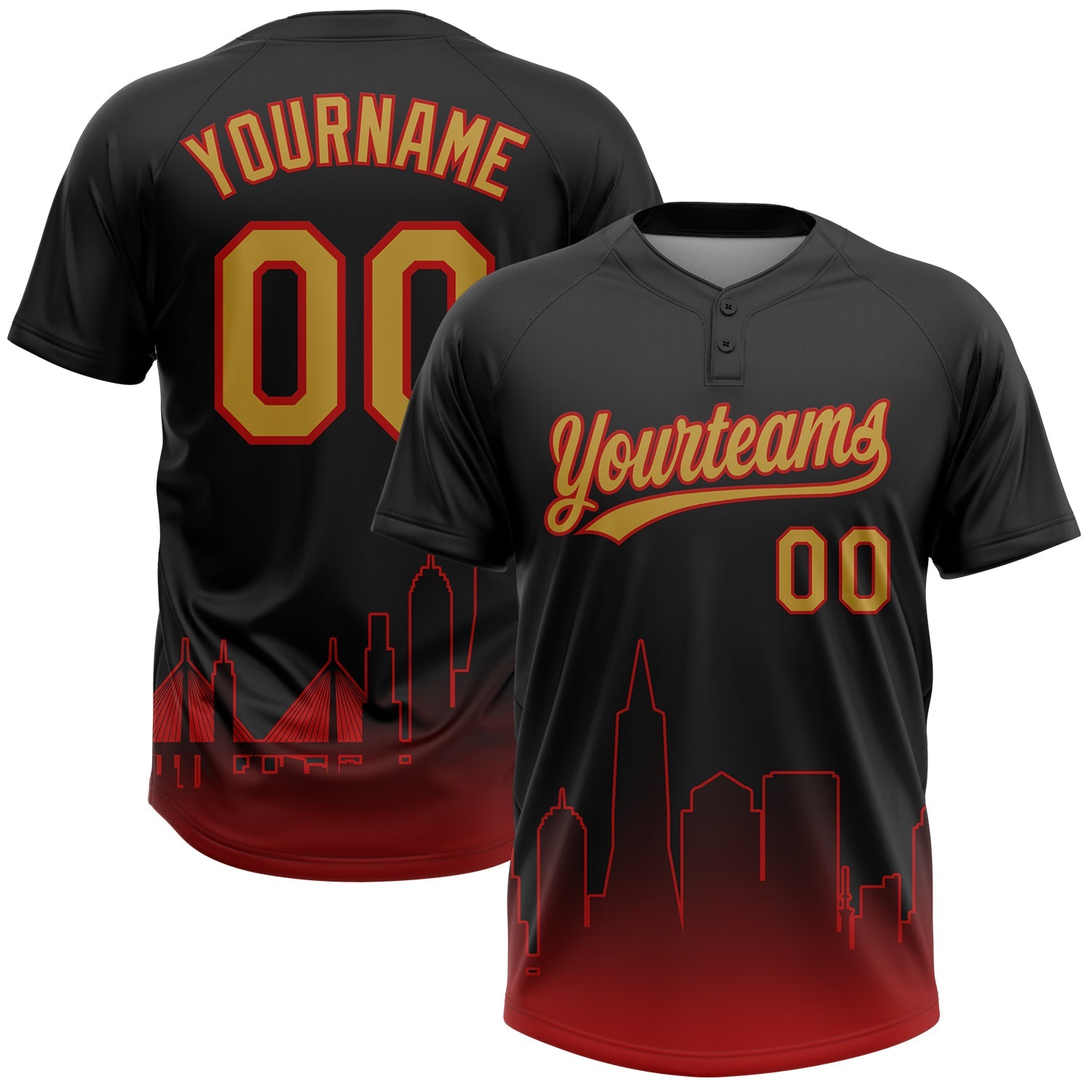 Custom Black Old Gold-Red San Francisco City Edition Gradient Two-Button Unisex Softball Jersey