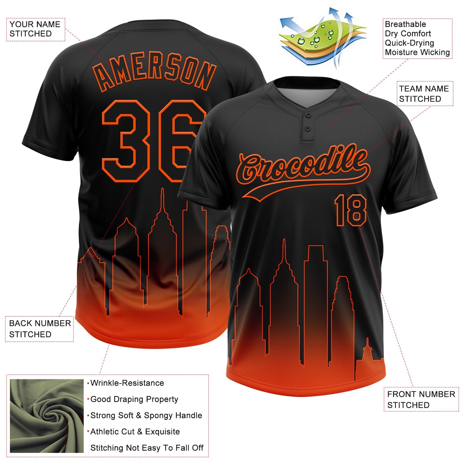 Custom Black Orange Philadelphia City Edition Gradient Two-Button Unisex Softball Jersey