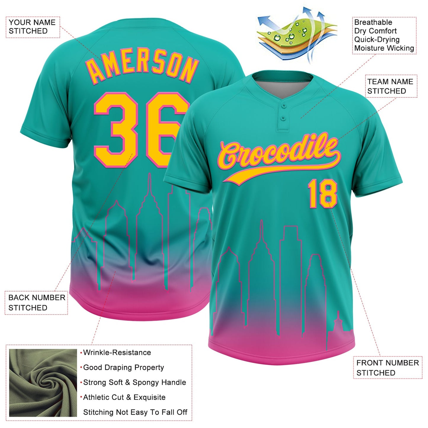 Custom Aqua Yellow-Pink San Diego City Edition Gradient Two-Button Unisex Softball Jersey