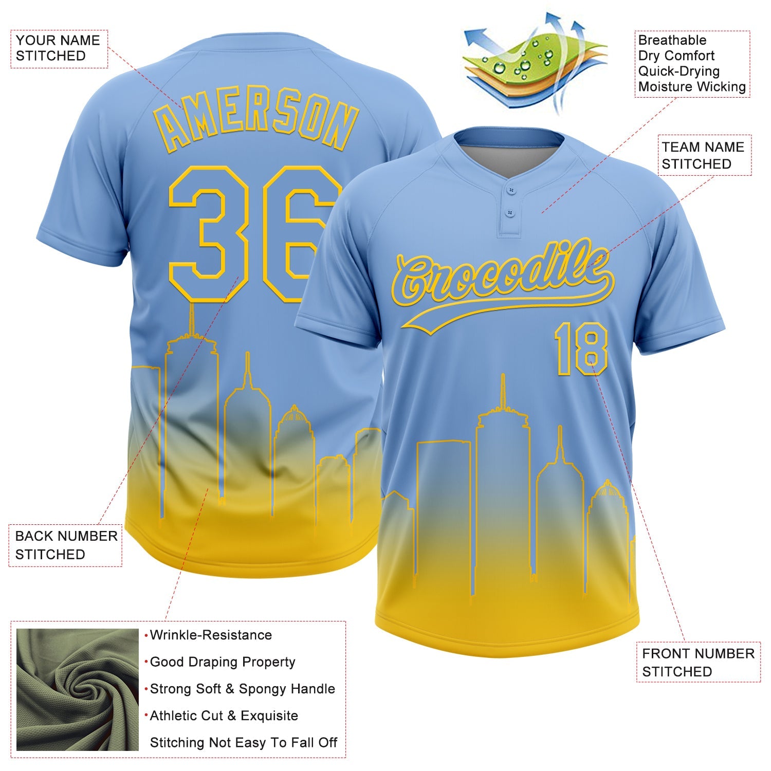 Custom Light Blue Yellow Boston City Edition Gradient Two-Button Unisex Softball Jersey
