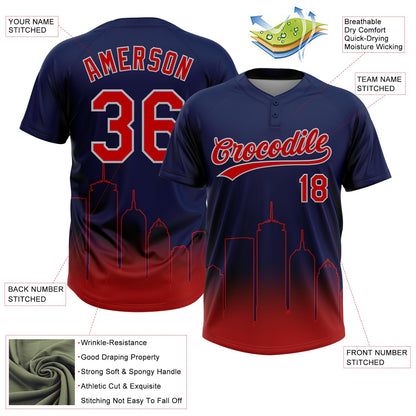 Custom Navy Red-Gray Boston City Edition Gradient Two-Button Unisex Softball Jersey