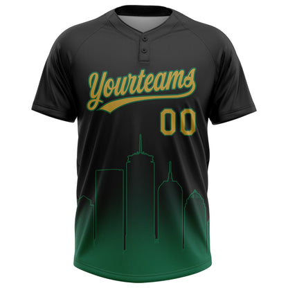 Custom Black Old Gold-Kelly Green Boston City Edition Gradient Two-Button Unisex Softball Jersey