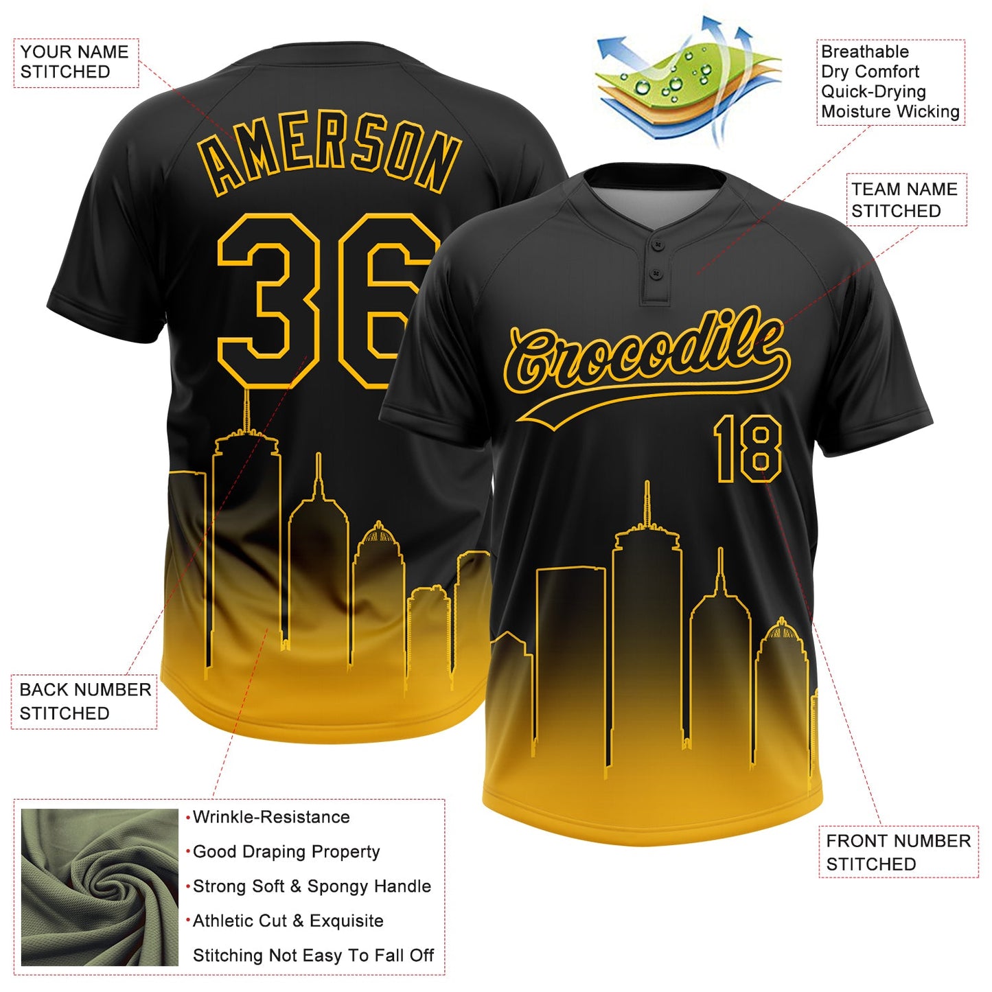 Custom Black Gold Boston City Edition Gradient Two-Button Unisex Softball Jersey