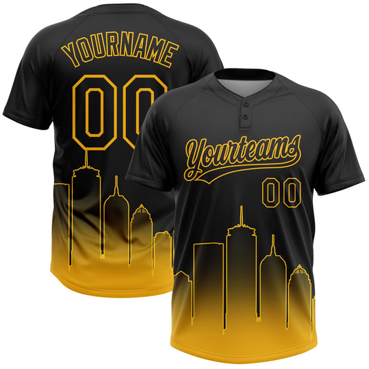 Custom Black Gold Boston City Edition Gradient Two-Button Unisex Softball Jersey