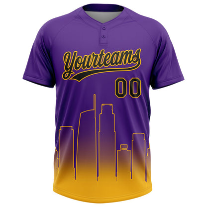 Custom Purple Black-Gold Los Angeles City Edition Gradient Two-Button Unisex Softball Jersey