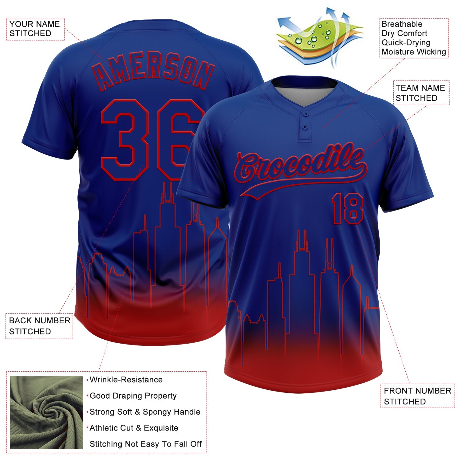 Custom Royal Red Chicago City Edition Gradient Two-Button Unisex Softball Jersey