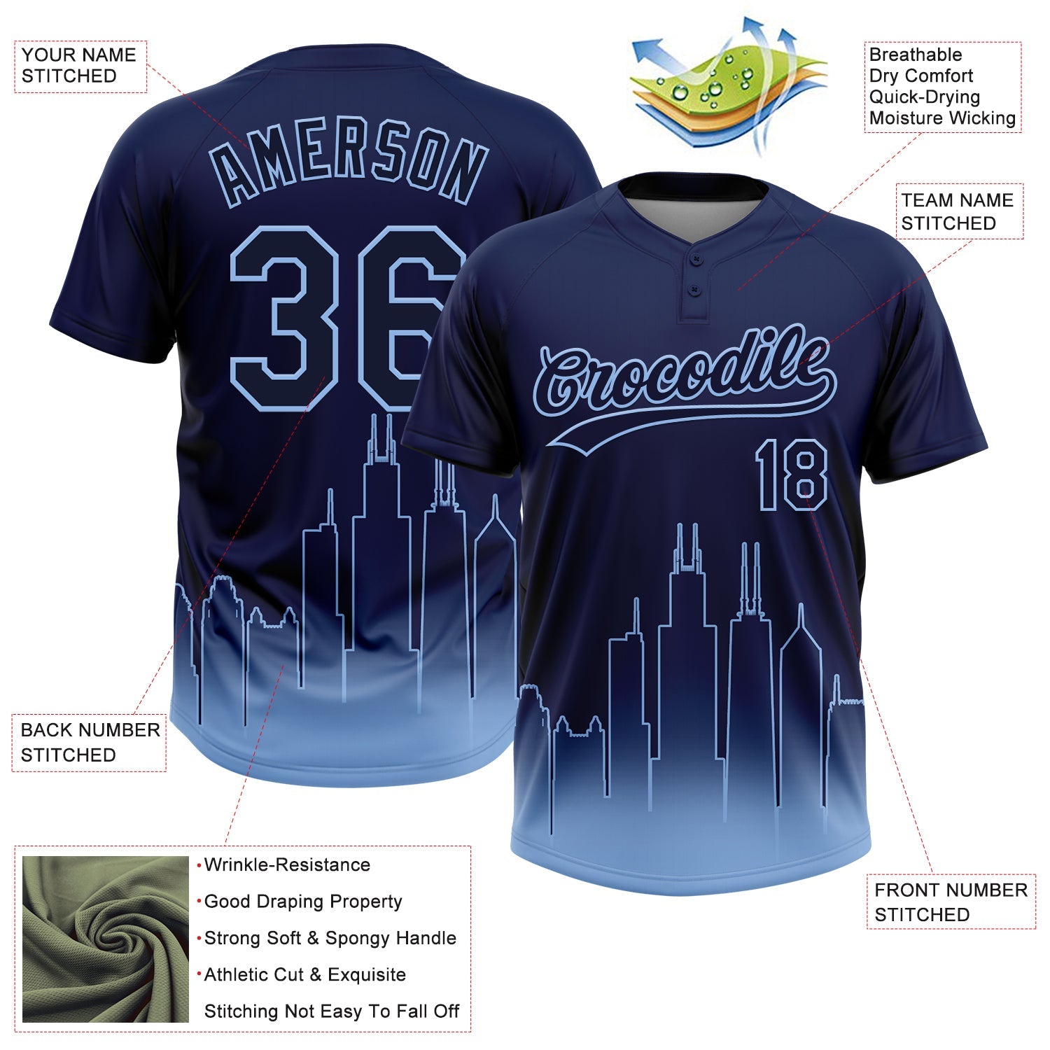 Custom Navy Light Blue Chicago City Edition Gradient Two-Button Unisex Softball Jersey