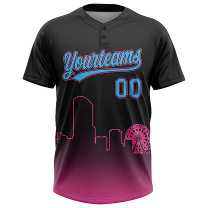 Custom Black Sky Blue-Pink Miami City Edition Gradient Two-Button Unisex Softball Jersey