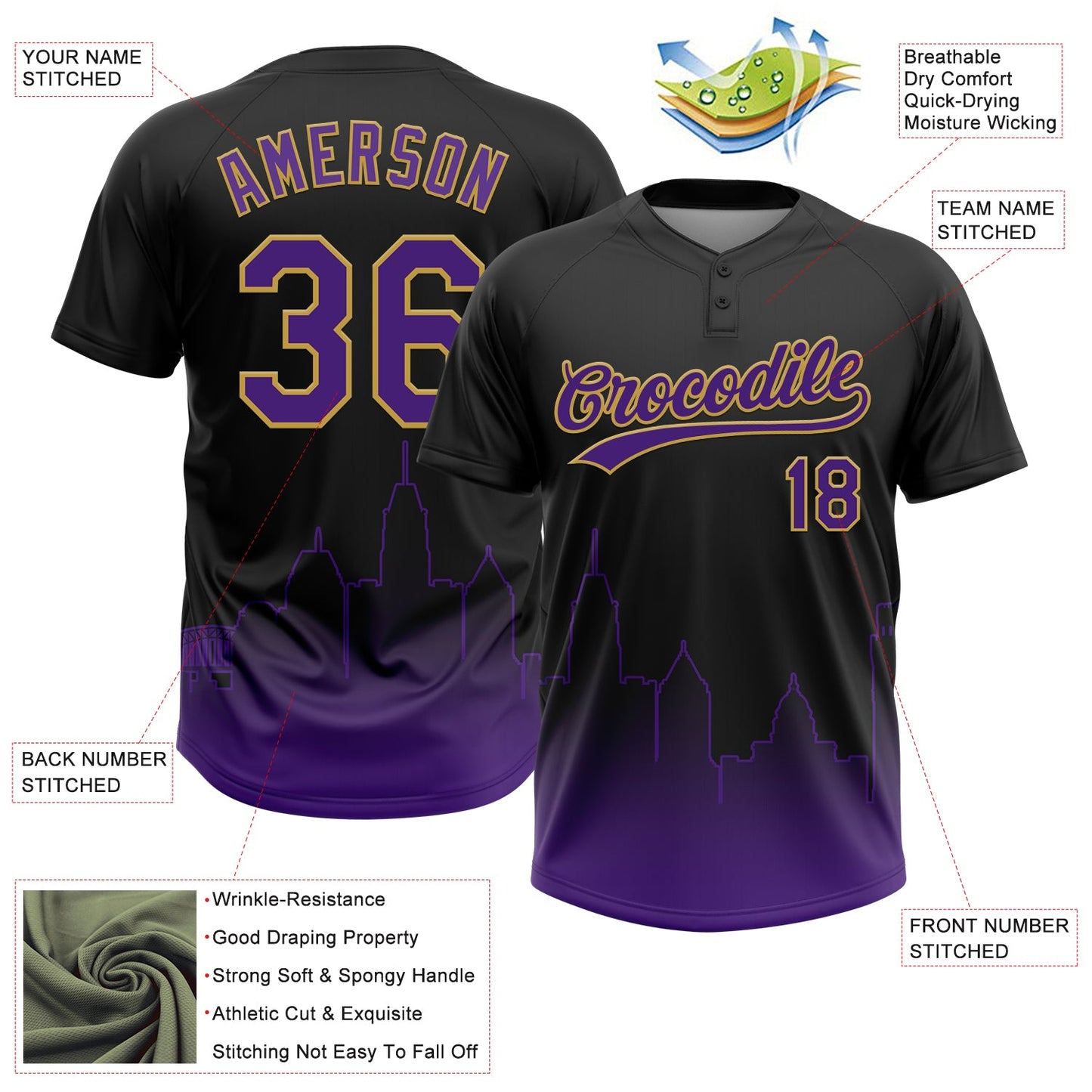 Custom Black Purple-Old Gold Baltimore City Edition Gradient Two-Button Unisex Softball Jersey