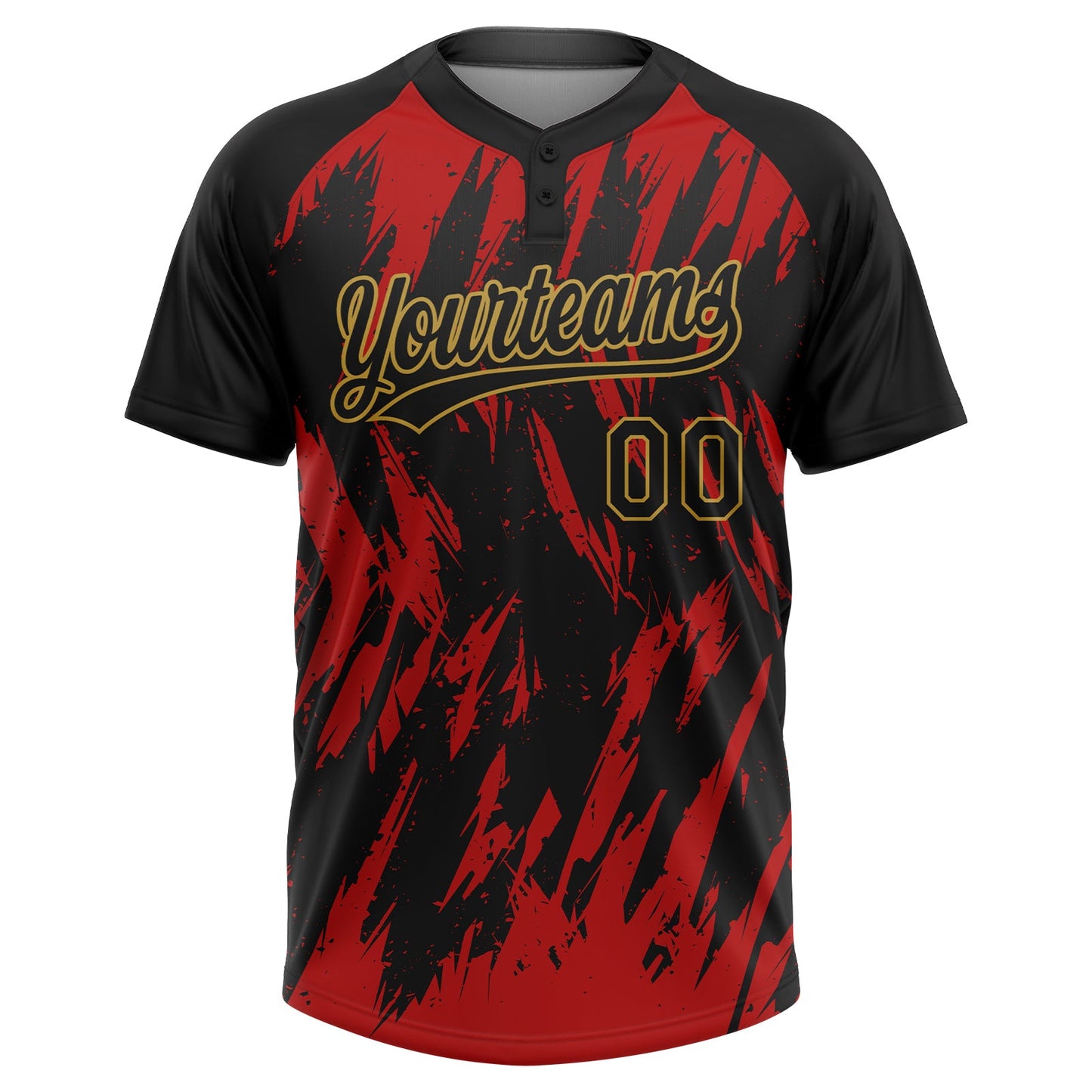 Custom Black Red-Old Gold Splatter Torn Sharp Brush Stroke Two-Button Unisex Softball Jersey