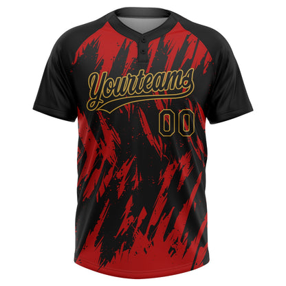 Custom Black Red-Old Gold Splatter Torn Sharp Brush Stroke Two-Button Unisex Softball Jersey