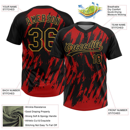 Custom Black Red-Old Gold Splatter Torn Sharp Brush Stroke Two-Button Unisex Softball Jersey