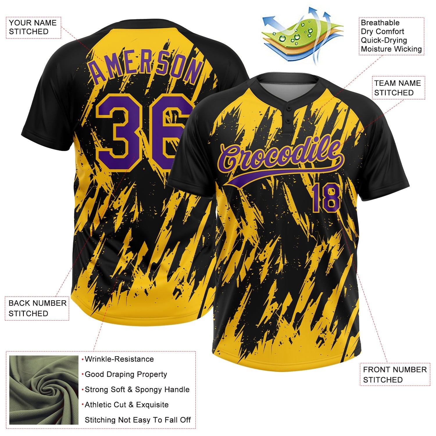 Custom Black Purple-Yellow Splatter Torn Sharp Brush Stroke Two-Button Unisex Softball Jersey