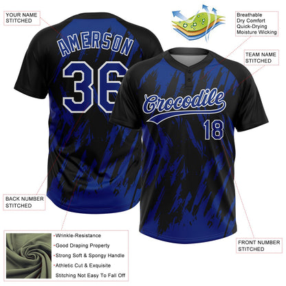 Custom Black Royal-White Splatter Torn Sharp Brush Stroke Two-Button Unisex Softball Jersey