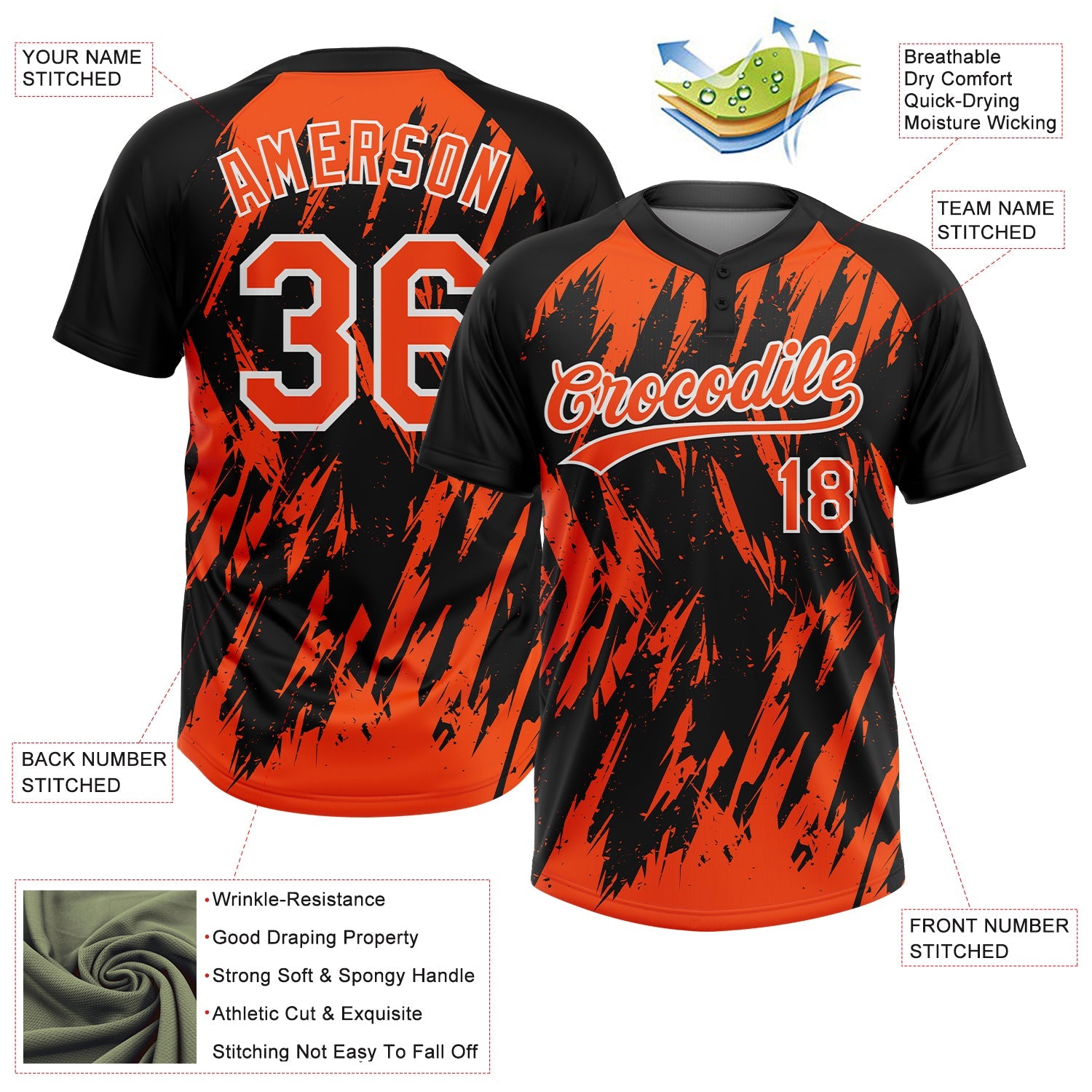 Custom Black Orange-White Splatter Torn Sharp Brush Stroke Two-Button Unisex Softball Jersey