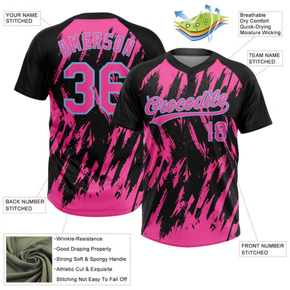 Custom Black Pink-Light Blue Splatter Torn Sharp Brush Stroke Two-Button Unisex Softball Jersey