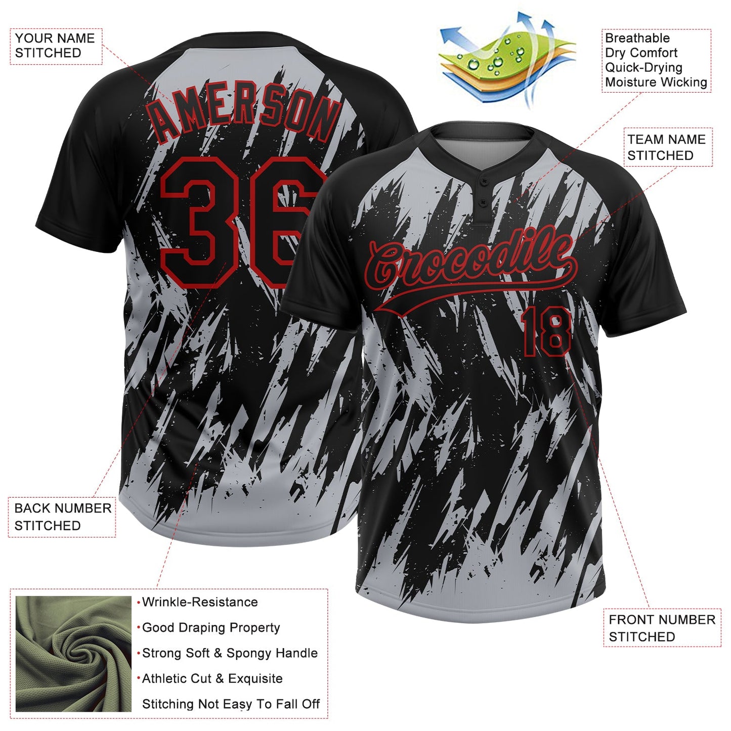 Custom Black Gray-Red Splatter Torn Sharp Brush Stroke Two-Button Unisex Softball Jersey