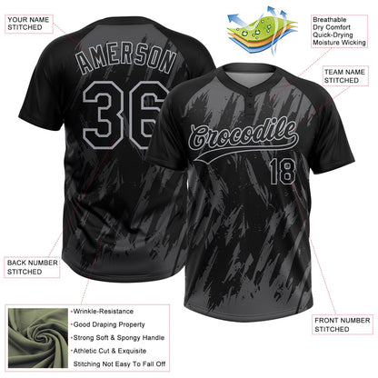 Custom Black Steel Gray-Gray Splatter Torn Sharp Brush Stroke Two-Button Unisex Softball Jersey