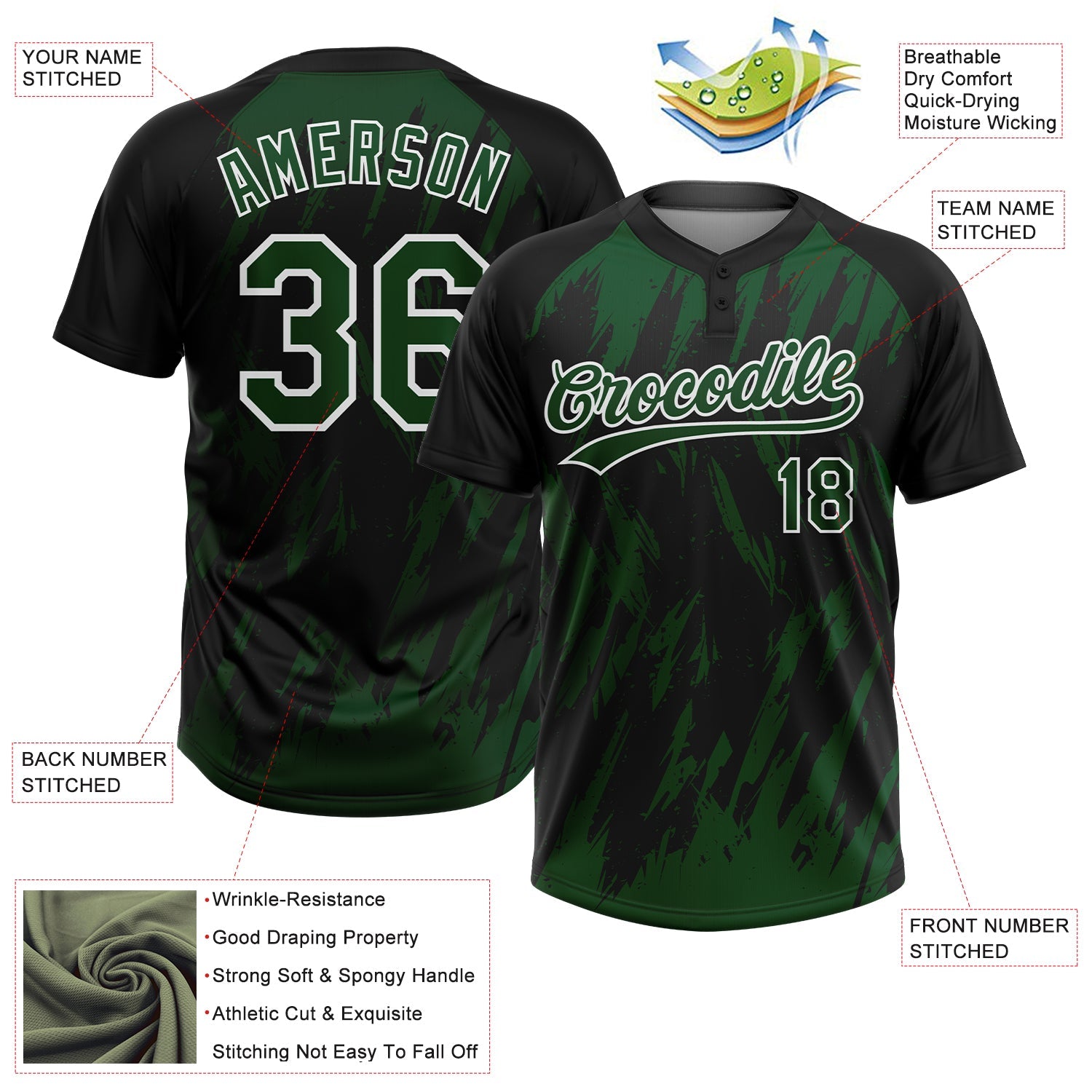 Custom Black Green-White Splatter Torn Sharp Brush Stroke Two-Button Unisex Softball Jersey