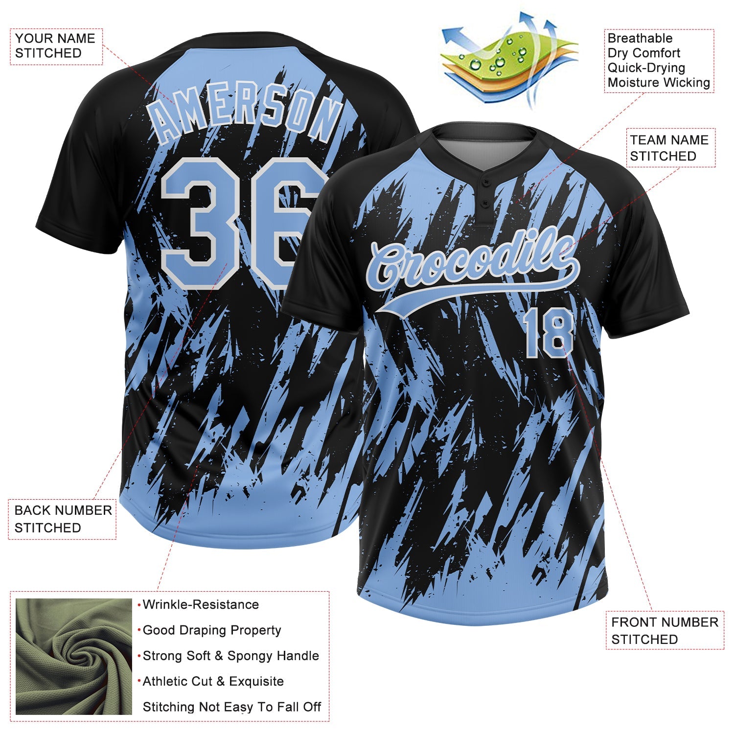Custom Black Light Blue-White Splatter Torn Sharp Brush Stroke Two-Button Unisex Softball Jersey