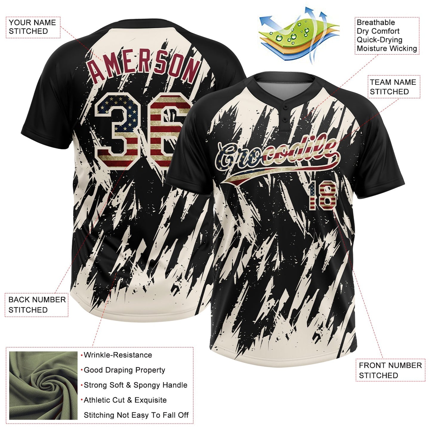 Custom Black Vintage USA Flag-Cream Splatter Torn Sharp Brush Stroke Two-Button Unisex Softball Jersey