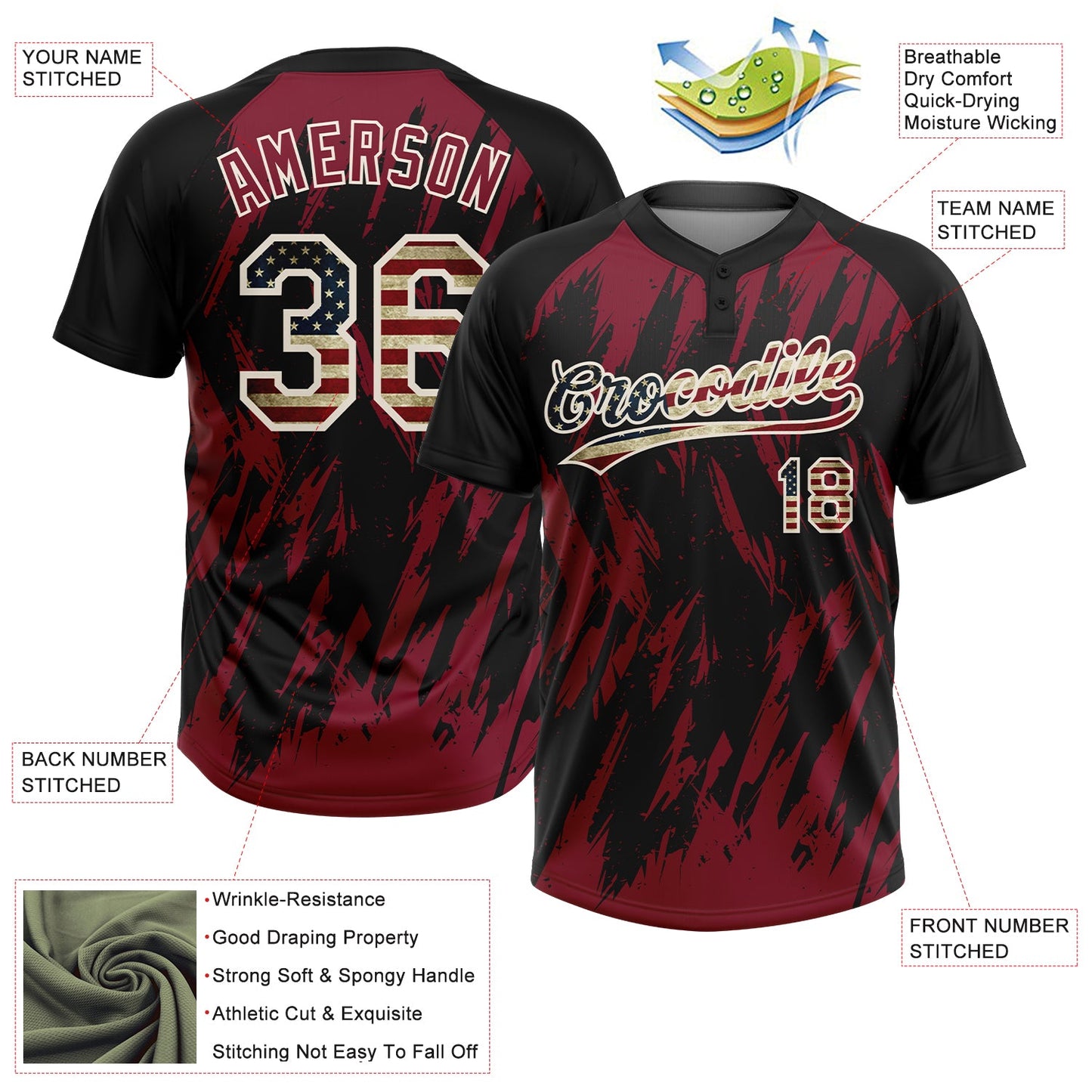 Custom Black Vintage USA Flag Crimson-Cream Splatter Torn Sharp Brush Stroke Two-Button Unisex Softball Jersey
