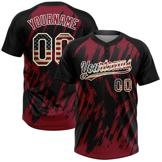 Custom Black Vintage USA Flag Crimson-Cream Splatter Torn Sharp Brush Stroke Two-Button Unisex Softball Jersey