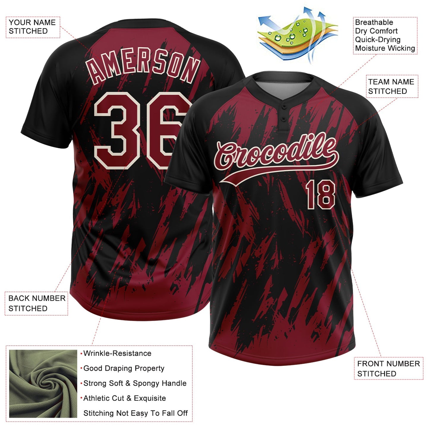 Custom Black Crimson-Cream Splatter Torn Sharp Brush Stroke Two-Button Unisex Softball Jersey