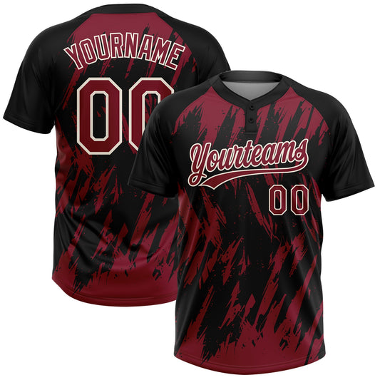 Custom Black Crimson-Cream Splatter Torn Sharp Brush Stroke Two-Button Unisex Softball Jersey