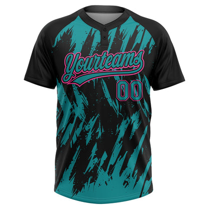 Custom Black Teal-Pink Splatter Torn Sharp Brush Stroke Two-Button Unisex Softball Jersey