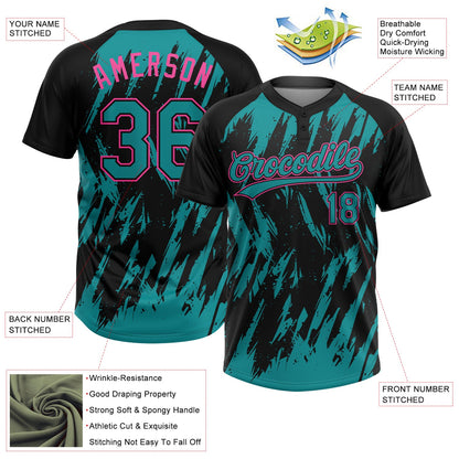 Custom Black Teal-Pink Splatter Torn Sharp Brush Stroke Two-Button Unisex Softball Jersey